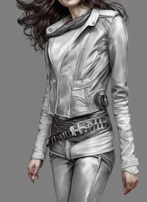 Image similar to girl in short white! top and short gray! leather jacket, long dark curly hair, high waist sweatpants, intricate, elegant, highly detailed, digital painting, artstation, concept art, smooth, clockwork, sharp focus, illustration, metart, art by artgerm and greg rutkowski and alphonse mucha, 8 k