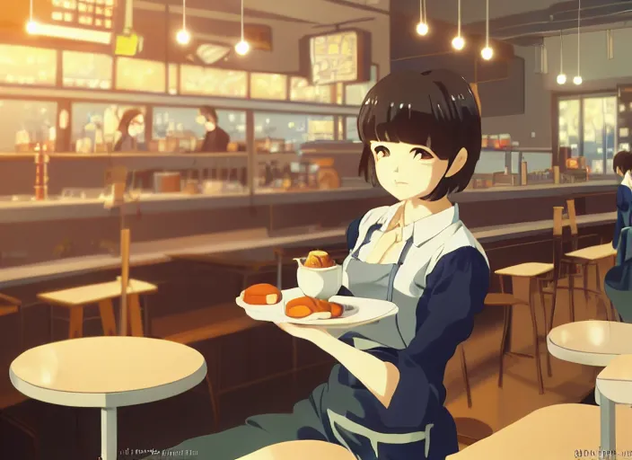 Prompt: anime film visual illustration a young woman working in a busy cafe interior many people, cute face by ilya kuvshinov, makoto shinkai, kyoani, masakazu katsura, dynamic pose, crisp and sharp, yoshinari yoh, rounded eyes, anime poster, ambient light, focused, flat, cel shaded