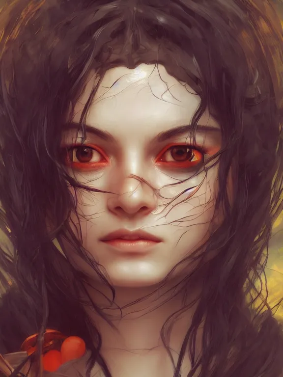 Image similar to Full shot of a mischievous young witch about to get up to some trouble. Latin American fashion. Black and Orange palette. Latina girl. brown skin. defined facial features, symmetrical facial features. By Ruan Jia and Artgerm and Range Murata and WLOP and Ross Tran and William-Adolphe Bouguereau. Key Art. Fantasy Illustration. award winning, Artstation, intricate details, realistic, Hyperdetailed, 8k resolution.