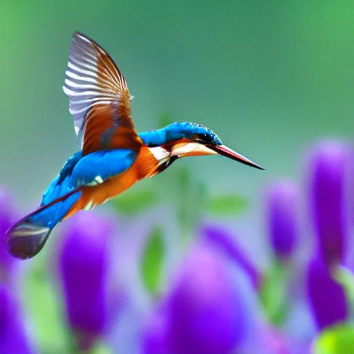 Prompt: award winning photography of an kingfisher flying in front of an flower drinking nectar, hyper realistic, warm light, macro photography, 4k