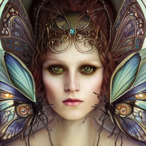 Image similar to beautiful closeup portrait of an art deco faerie queen, glowing eyes. reflective detailed textures, moth wings, highly detailed dark fantasy science fiction painting by tom bagshaw and diego rivera and annie swynnerton and jean delville, elaborate geometric ornament, ancient runes, silver and cool colors. artstation