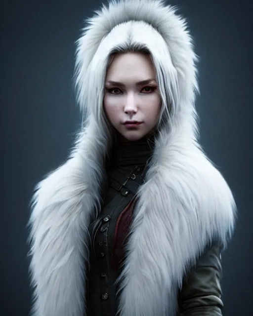 Image similar to dragon hunter wearing a fur - lined dragonhide jacket!!! beautiful and gorgeous wild white long haired female!! symmetry, character concept art, sharp focus, illustration, art by artgerm! greg rutkowski magali villeneuve wlop! ilya kuvshinov!! charlie bowater! octane render, unreal engine 5, highly rendered!