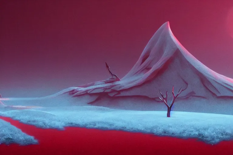 Image similar to a hd render of a surreal frozen landscape, cinematic lighting, by beeple and zdzisław beksinski, red color scheme