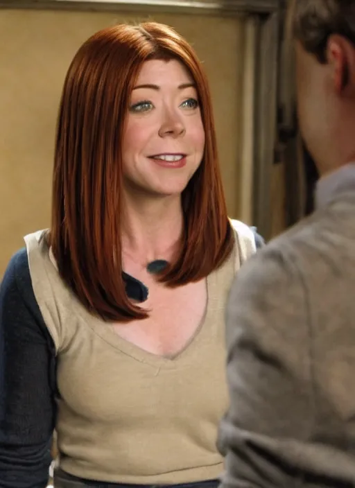 Image similar to Alyson Hannigan with Accurate correct facial features in an episode of How I Met Your Mother, movie Still, cinematic, high-detail, 4k,