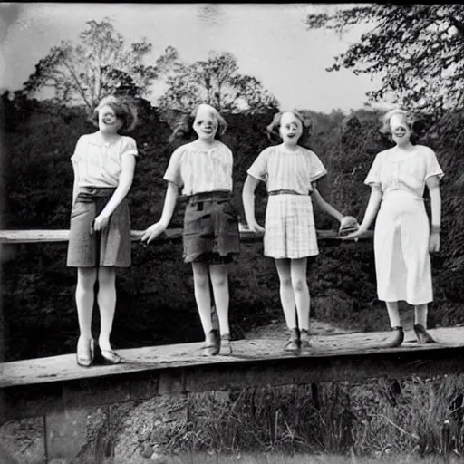 Prompt: a vintage 1 9 3 0 s photograph of three cheerful young ladies posing on a timber bridge in the countryside.