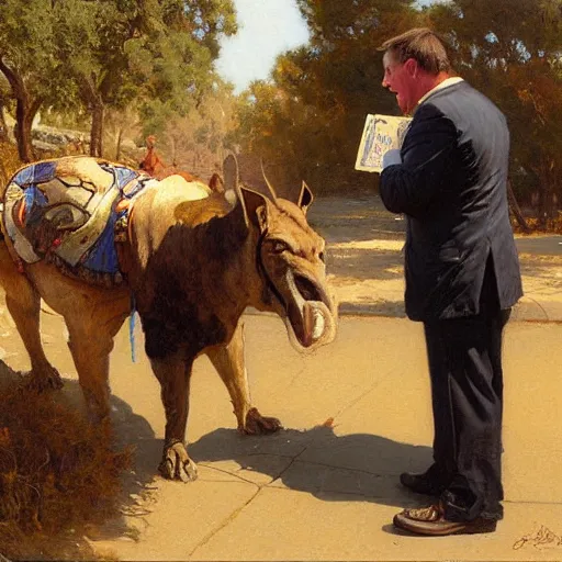 Image similar to alex jones begging for money on the side of the road, highly detailed painting by gaston bussiere craig mullins j. c. leyendecker,