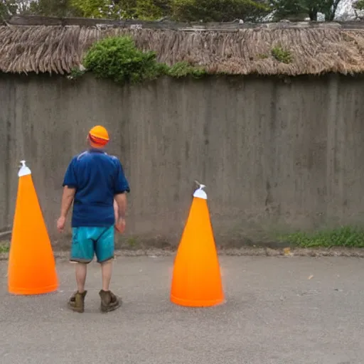 Image similar to man with traffic cone for head showering in rice