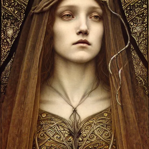 Image similar to detailed realistic beautiful young medieval queen face portrait by jean delville, tom bagshaw, brooke shaden, gustave dore and marco mazzoni, art nouveau, memento mori, symbolist, visionary, gothic, pre - raphaelite, ornate gilded medieval icon, surreality, ethereal, unearthly, haunting, celestial, neo - gothic, ghostly