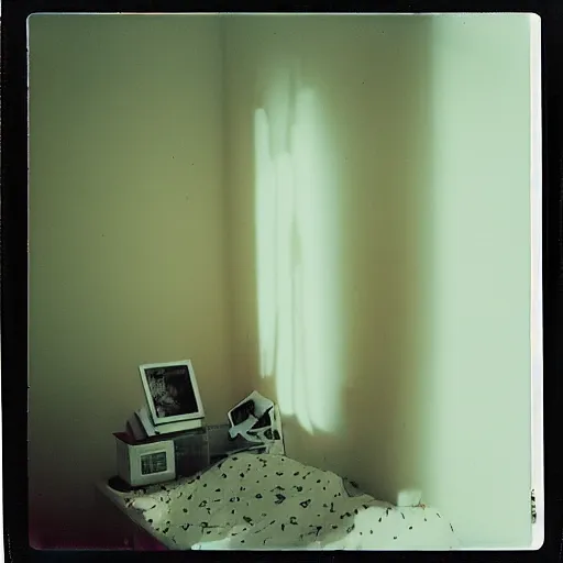 Prompt: a polaroid photo a of an abandoned and rather lonely college student's bedroom, completely empty, desolate and devoid atmosphere, faint string lights hung on the wall can be seen, shot with portra 400