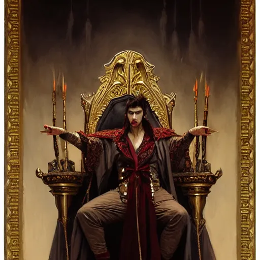 Image similar to perfectly centered portrait of attractive vampire king in a robe sitting on a throne of bones, highly detailed painting by gaston bussiere, craig mullins, j. c. leyendecker, 8 k