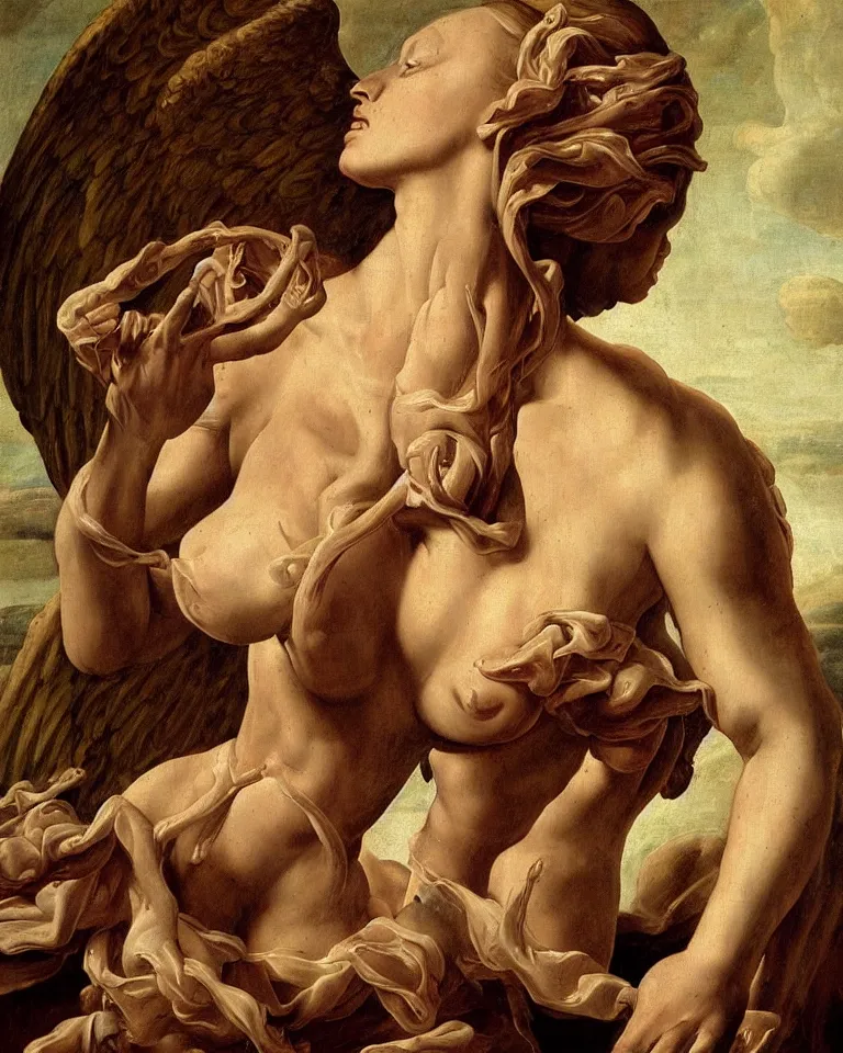 Prompt: ! dream a renaissance baroque painting of an anatomically correct woman angel by aj hamilton