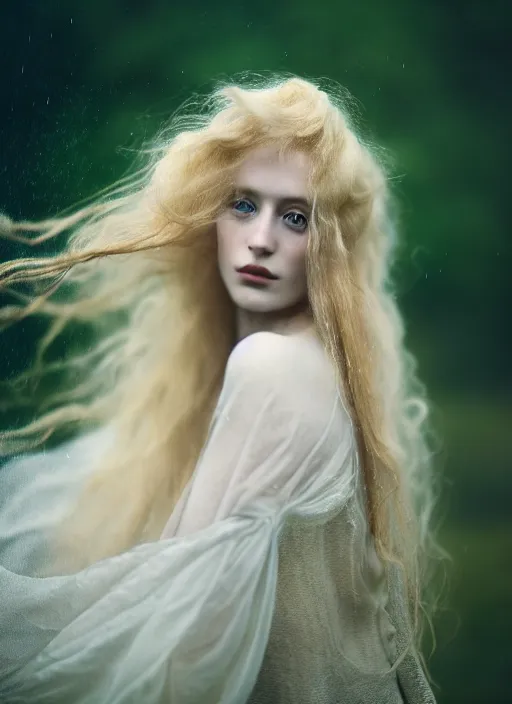Image similar to cinestill 5 0 d photo of a pre - raphaelite blond beautiful woman, dreamy, hair floating in air in style of paolo roversi, 1 5 0 mm, f 1. 2, emotionally evoking, head in focus, stormy wet clouds outdoor, matt dreamy colour background, volumetric lighting, hyper realistic, ultra detailed