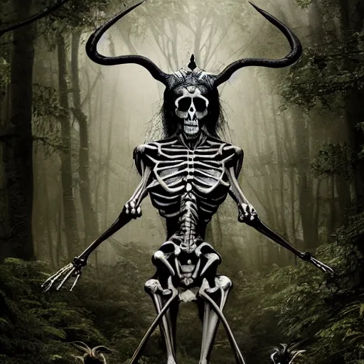 Image similar to a skeletal baphomet in a magical forest, nekro style. Very detailed 8k