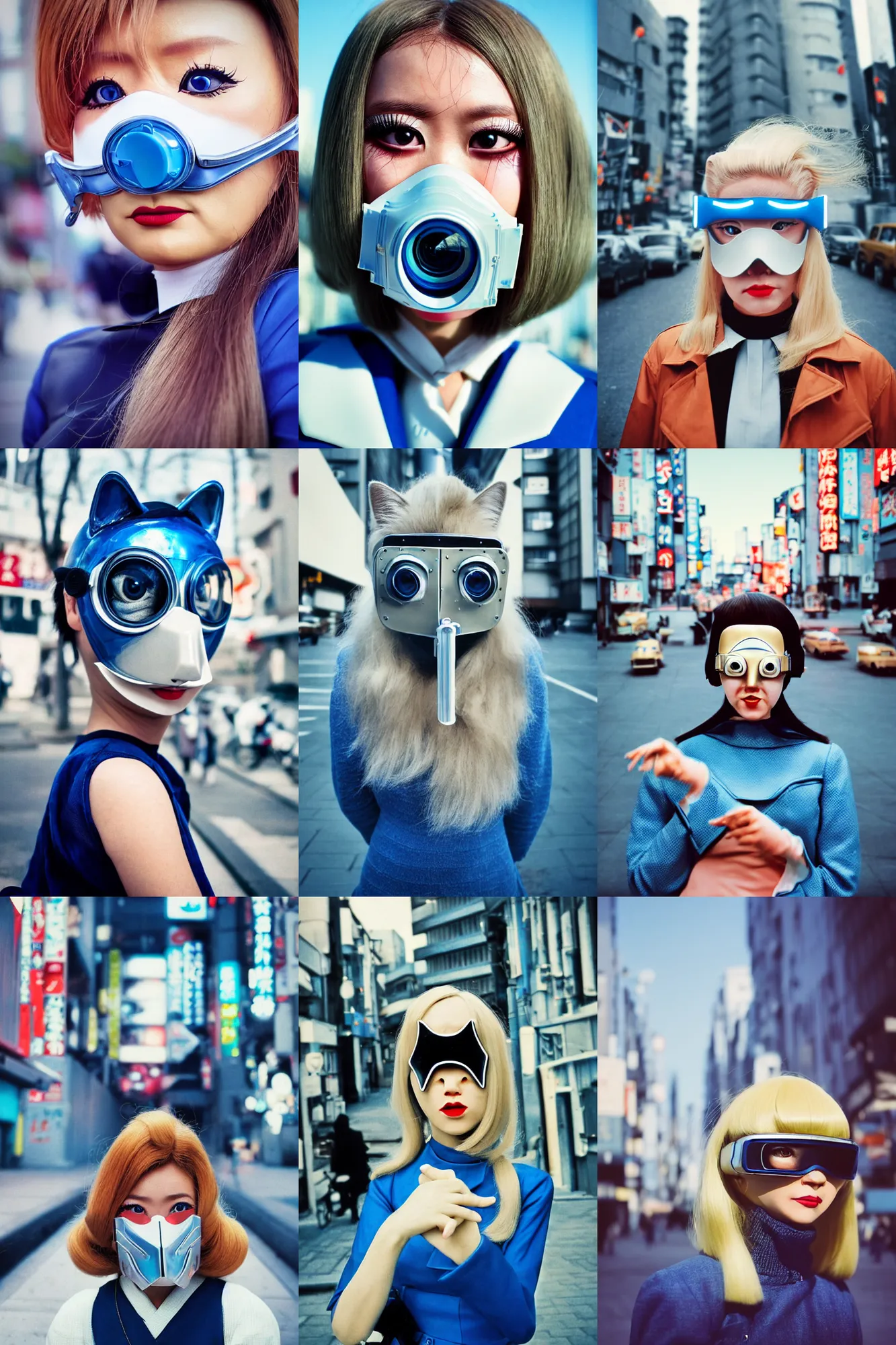 Prompt: \Cinestill 50d film photo,8K,highly detailed\: beautiful three point perspective extreme closeup portrait photo in style of 1960s frontiers in cosplay retrofuturism tokyo seinen manga street photography fashion edition, tilt shift zaha hadid style tokyo background, highly detailed, focus on cat mask respirator;blonde hair;blue eyes, clear eyes, soft lighting