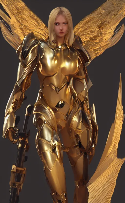 Image similar to Concept art, angel knight girl in golden and silver armor adorned with sapphire gems, artstation trending, octane render, cinematic, highly detailded