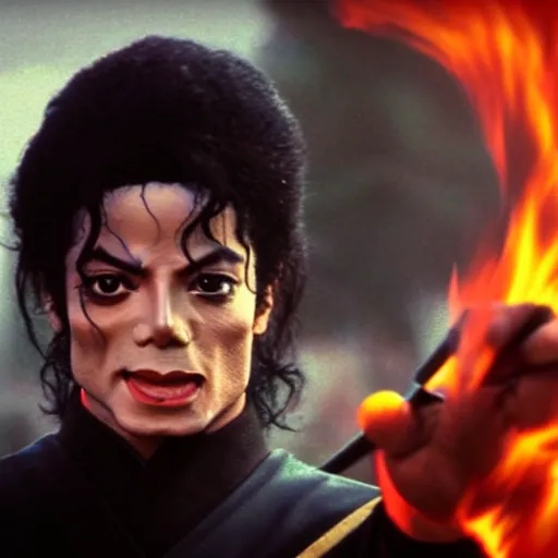 Image similar to cinematic film still of Michael Jackson starring as a Samurai holding fire, Japanese CGI, VFX, 2022, 40mm lens, shallow depth of field, film photography