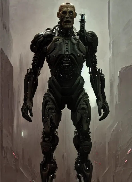 Image similar to willem dafoe as victor stone, full body concept, cyborg, borg, strogg, face of a man, terminator, flesh, quake strogg, doom demon, wolfenstein, monstrous, powerful, symmetry, symmetrical, concept art by ruan jia and greg rutkowski