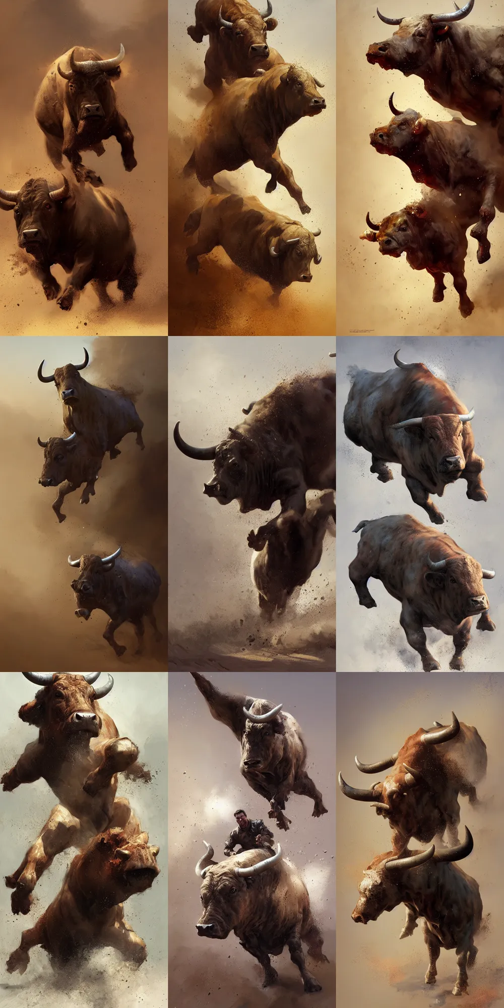 Prompt: portrait of a furious realistic adult bull thrashing wildly, kicking up dust, by craig mullins and marc simonetti, ARTSTATION, cgsociety, polycount, creature design, CINEMATIC, AWE INSPIRING, BEAUTIFUL, ART GERM