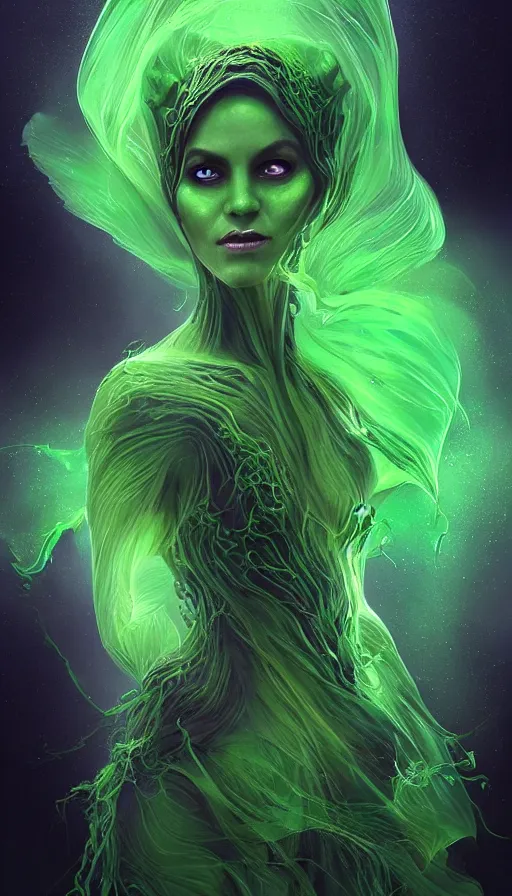 Image similar to portrait of magical green goblin female , dark fantasy, gradient green black, dreamy and ethereal, (colour) eyes, one head, golden ratio, peaceful expression, ornate frilly dress, fantasy, intricate, elegant, rainbow bubbles, highly detailed, digital painting, artstation, concept art, smooth,b sharp focus, illustration, art by artgerm and greg rutkowski and alphonse mucha
