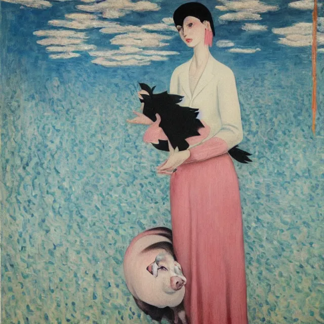 Image similar to tall female emo artist holding a pig in a flooded cafe, octopus, water gushing from ceiling, painting of flood waters inside a cafe, a river flooding indoors, pomegranates, pigs, ikebana, water, octopus, river, rapids, waterfall, black swans, canoe, berries, acrylic on canvas, surrealist, by magritte and monet