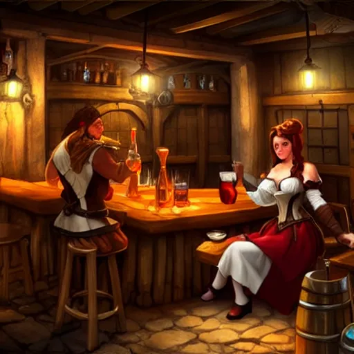 Image similar to medieval tavern with barmaid and patrons drinking, artstation, fantasy