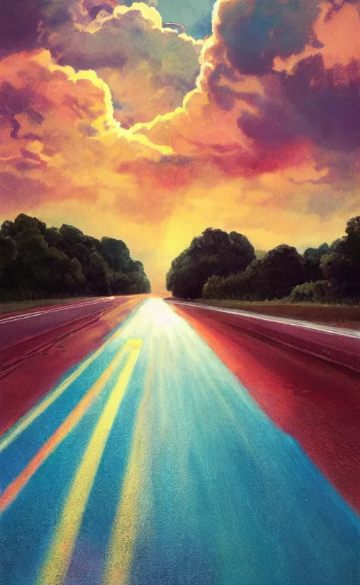 Prompt: paperback book cover. 1 9 6 0 s. pure colors, melting clouds, accurately drawn details, a sunburst above a receding road with the light reflected in furrows and ruts, after rain. photorealistic. octane render. cinematic. trending on artstation. textless.
