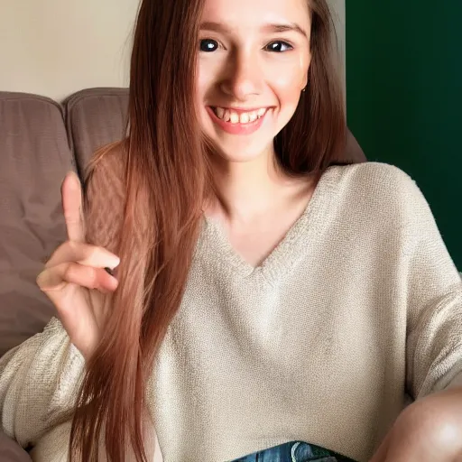 Prompt: Render of April, a cute 3D young woman, long shiny bronze brown hair, full round face, green eyes, medium skin tone, light cute freckles, light blush, smiling softly, wearing casual clothing, relaxing on the couch, interior lighting, cozy living room background, medium shot, mid-shot, hyperdetailed, hyperreal, trending on Artstation, Unreal Engine, 4k