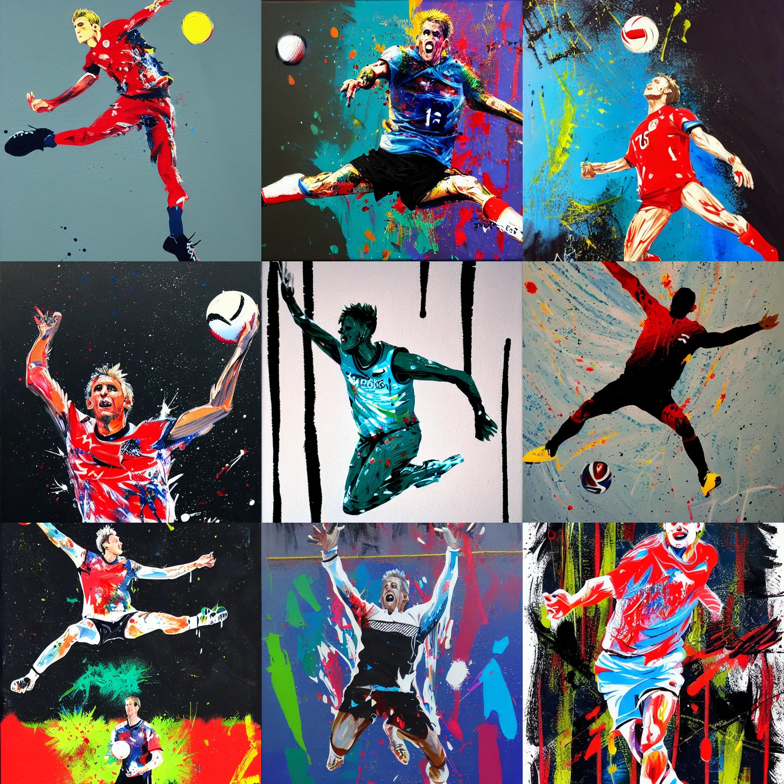 Prompt: karch kiraly, mid air, jump - serve, acrylic on canvas, splattered paint, black background, trending on artstation