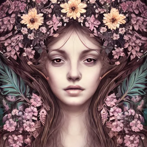 Image similar to a picture of a beautiful woman with a symmetrical detailed face, dressed in a white lace dress and covered in flowers and leaves sitting in an enchanted forest, sunset, high fantasy, elegant, epic, detailed, intricate, digital painting, concept art, realistic detailed face, smooth, focus,