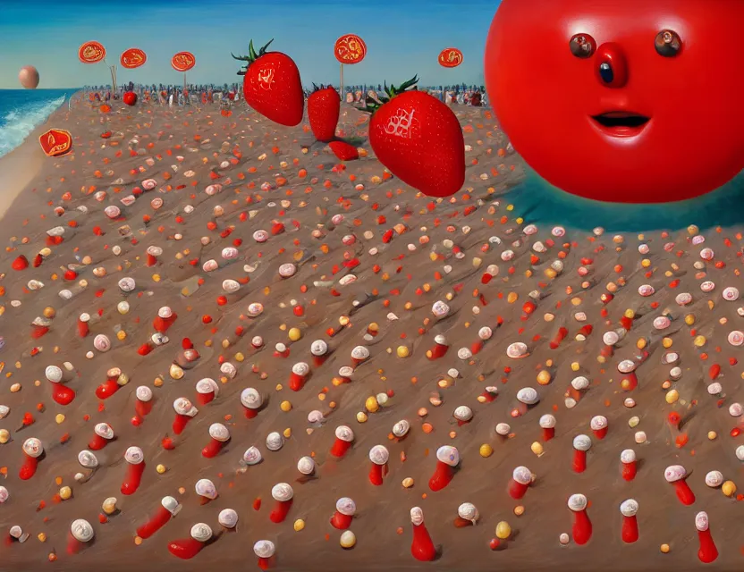 Image similar to a funny detailed high resolution oil painting with dirty old brush of a lazy red burning and melting tomato with to many googly eyes on a beach to hot for the sun, big piles of strawberry icecream in cones falling from the sky on a sunset by james jean and fernando botero