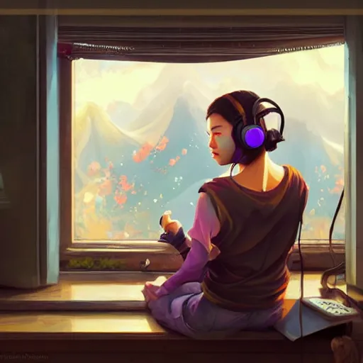 Image similar to lo-fi colorful masterpiece by Ross Tran, WLOP, Dan Mumford, Christophe Vacher, painting, asian girl, with headphones, studyng in bedroom, window with Tokyo view, lo-fi illustration style, by WLOP, by loish, by apofis, alive colors