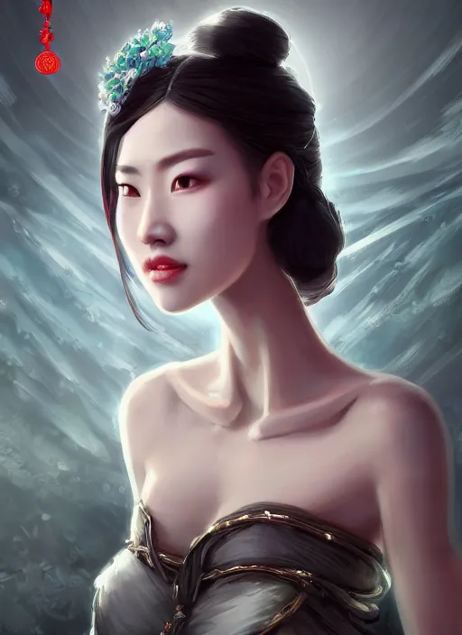 Prompt: beautiful fashion girl in ancient china, strapless dress, character portrait in the style of thomas river and artgerm, wlop, cinematic lighting, hyperdetailed, 8 k realistic, symmetrical, global illumination, radiant light, halo, love and mercy, frostbite 3 engine, cryengine, dof, trending on artstation, digital art, chanel