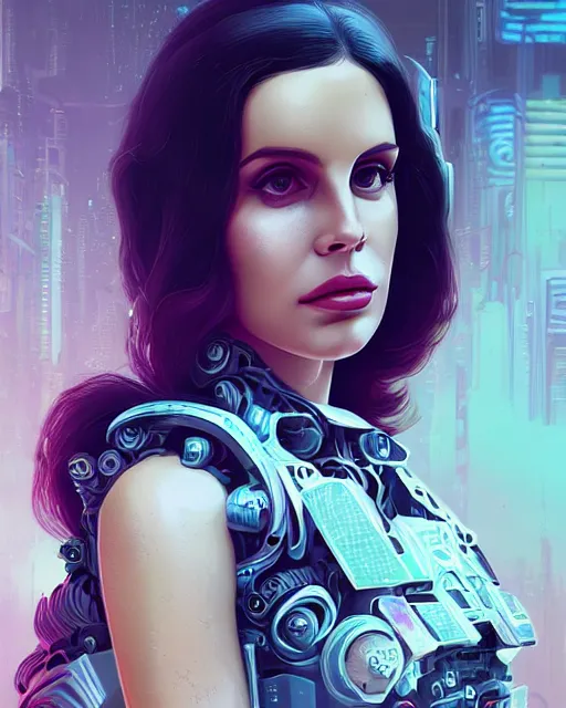 Image similar to portrait of lana del rey as a cyberpunk cyborg. roses, sci - fi, missing panels, intricate abstract, upper body, intricate artwork, by tooth wu, wlop, beeple, dan mumford. concept art, 8 k octane render, deviantart, greg rutkowski, cinematic, key art, hyperrealism, iridescent accents