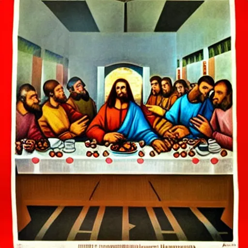 Prompt: a World War II Russian Soviet propaganda poster of The Last Supper