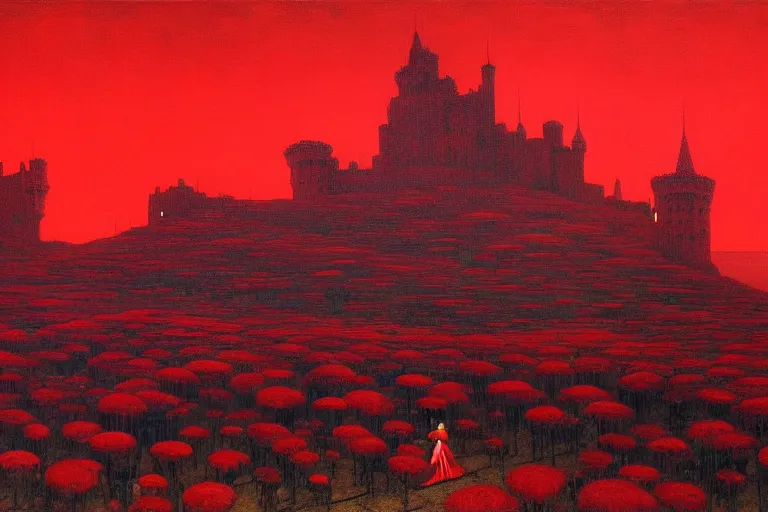 Image similar to only with red, red flowers of different types, red castle in background, red medieval big goblins, in the style of beksinski, parts by edward hopper, parts by rodcenko, parts by yue minjun, intricate and epic composition, red by caravaggio, insanely quality, highly detailed, masterpiece, red light, artstation, 4 k