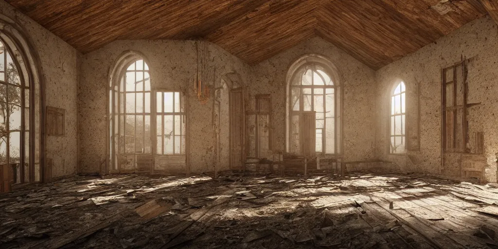 Image similar to interior of a dusty abandoned old western chapel during day, hyper realistic vfx simulation, godrays from windows, trending on Behance, 24mm f8, vray