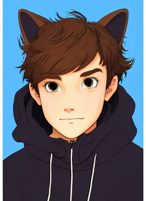 Image similar to teen boy with brown hair and big blue eyes, wearing a black hoodie with cat ears on top of it, natural lighting, path traced, highly detailed, high quality, cartoon, digital painting, by don bluth and ross tran and studio ghibli and alphonse mucha