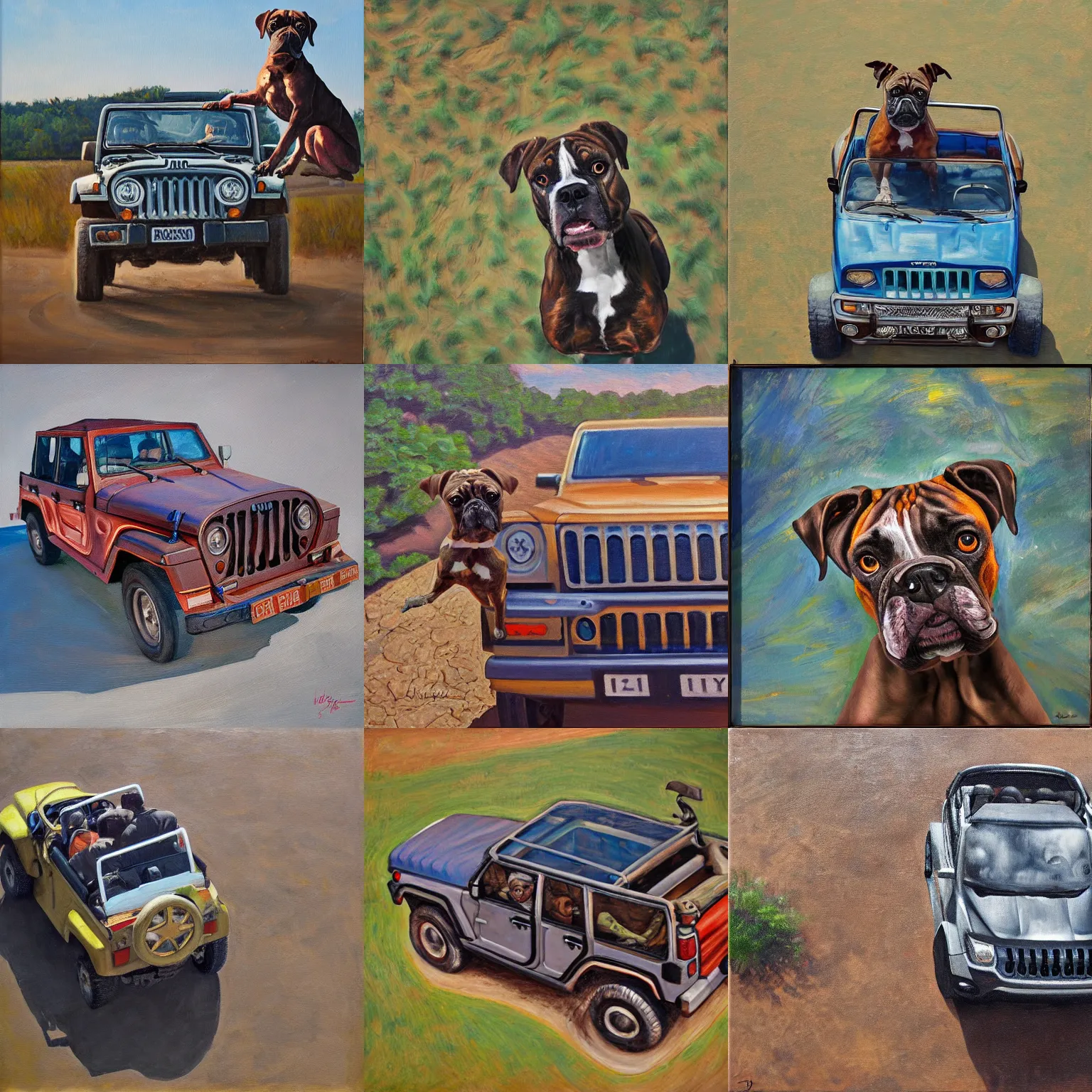 Prompt: brindle boxer driving a jeep, overhead view, oil on canvas,