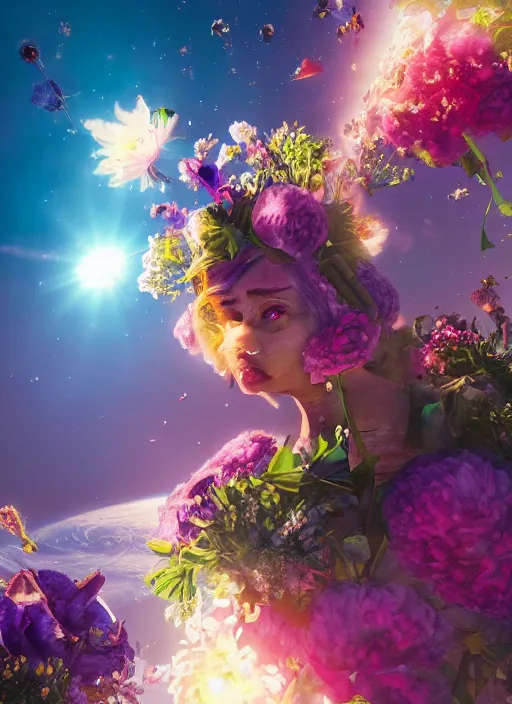 Image similar to An epic fantastic realism comic book style painting of the most beautiful flowers launched into space, bouquets, lens flare, fisheye lens, unreal 5, DAZ, hyperrealistic, octane render, dynamic lighting