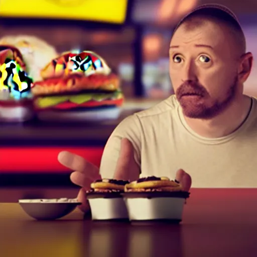 Prompt: photograph of a man with a inverted head begging for food at mc donalds, 8k resolution, high detail, ULTRA REALISTIC VFX, reflections