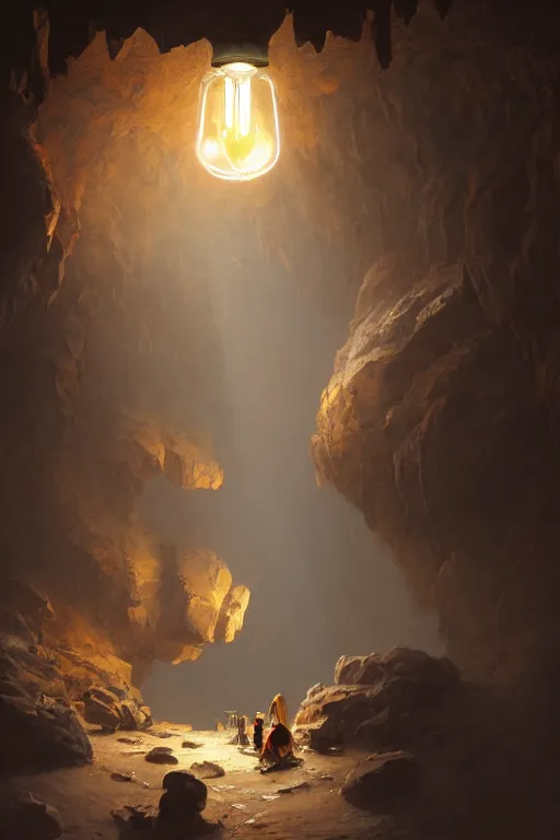 Prompt: a huge cave, a chair under a lightbulb, surreal, highly detailed, artstation, smooth, sharp focus, by greg rutkowski, 8 k