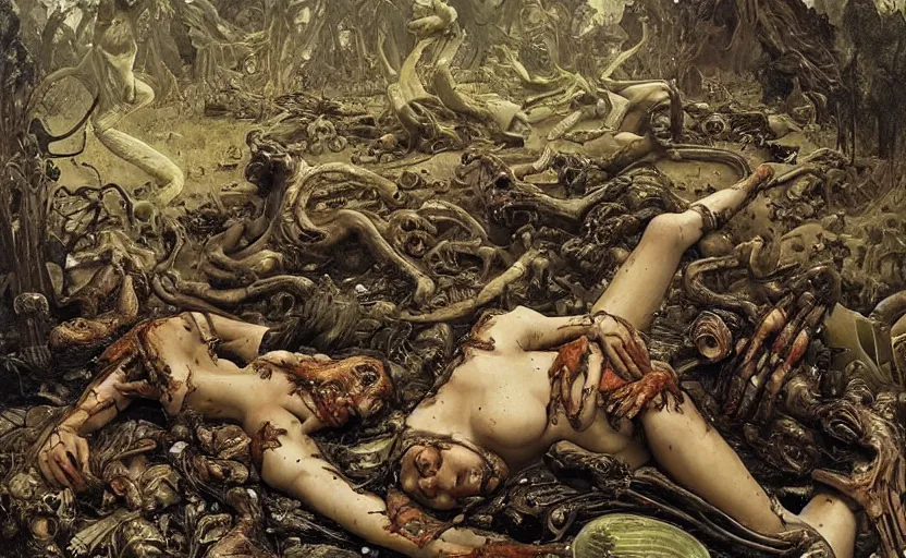 Image similar to renaissance grotesque painting of ovni crash swamp wasteland, landfill, alien corpses on the floor, elegant artwork by lee bermejo and greg rutkowski and alphonse mucha