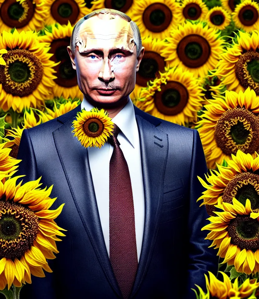 Image similar to photo portrait of Vladimir Putin - sunflowers - dressed in leisure suit with sunflower pattern and tombstone for a tie, natural skin tone, highly detailed realistic flowers ornament on suit, facial wrinkles and brows are intricate with highly detailed realistic flowers, elegant, Realistic, Refined, Highly Detailed, natural soft pastel lighting colors scheme, fine art photography by Cecil Beaton, volumetric lighting, hyper realistic photography