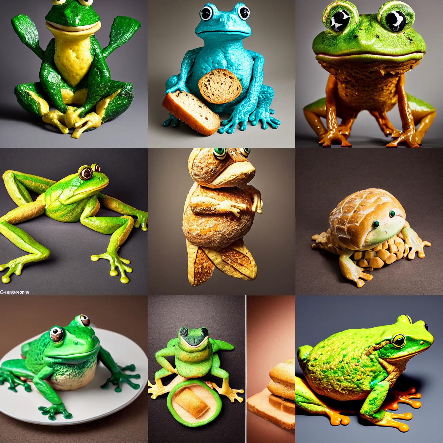 Prompt: an edible frog!!! sculpture! made entirely out of ( ( bread ) ), food photography, studio lighting, delicious