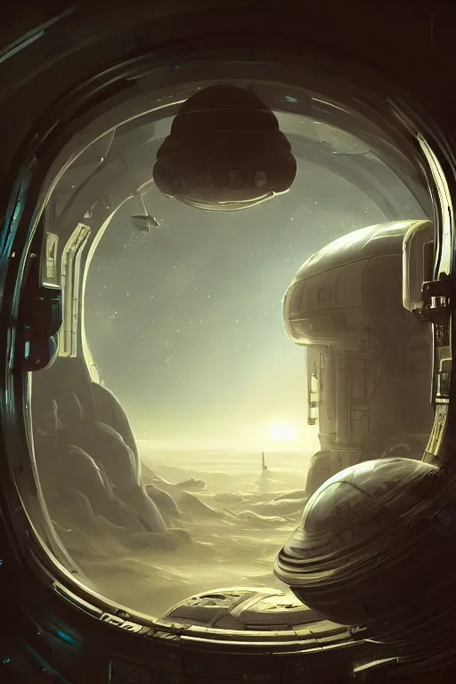 Image similar to Inside a room alien spaceship with large window that provide a scenic view of a huge planet can be seen in the background, Highly detailed labeled, poster, aesthetic, haeccety, trending on artstation, trending on cgsociety