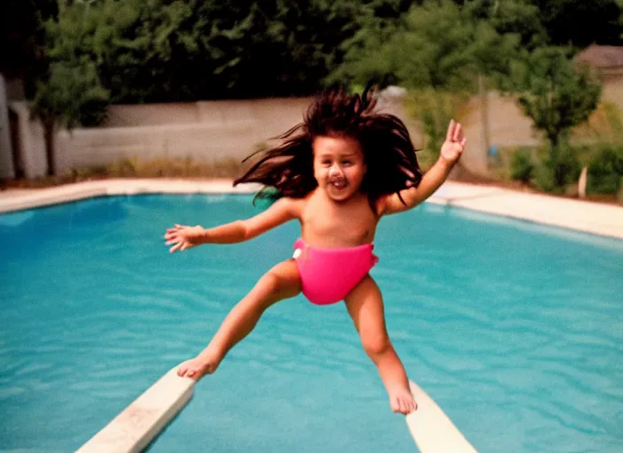 Prompt: color photo of a girl jumping down in a pool in the 8 0's