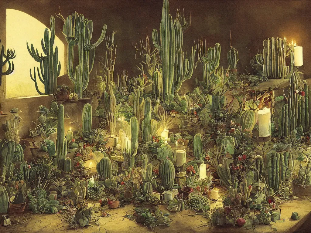 Prompt: Deserted old house full of strange surreal cacti, carnivorous plants, thorns. Candle light. Painting by Georges de la Tour, Walton Ford