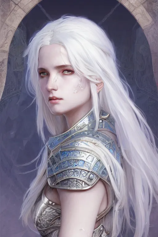 Image similar to portrait white hair knights of zodiac girl, sliver ice color reflected armor, in ruined agora of athens sunrise, ssci - fi and fantasy, intricate and very very beautiful and elegant, highly detailed, digital painting, artstation, concept art, smooth and sharp focus, illustration, art by tian zi and wlop and alphonse mucha