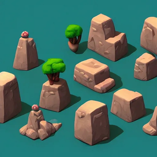 Image similar to isometric 3 d chubby cute rocks, smoth 3 d illustration, cinematic matte painting, soft render, servando lupini, handpaint texture, blender, 3 dcoat