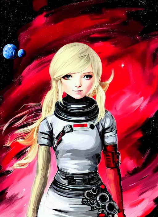 Prompt: highly detailed portrait of a hopeful pretty astronaut lady with a wavy blonde hair, by Andrew Atroshenko, 4k resolution, nier:automata inspired, bravely default inspired, vibrant but dreary but upflifting red, black and white color scheme!!! ((Space nebula background))